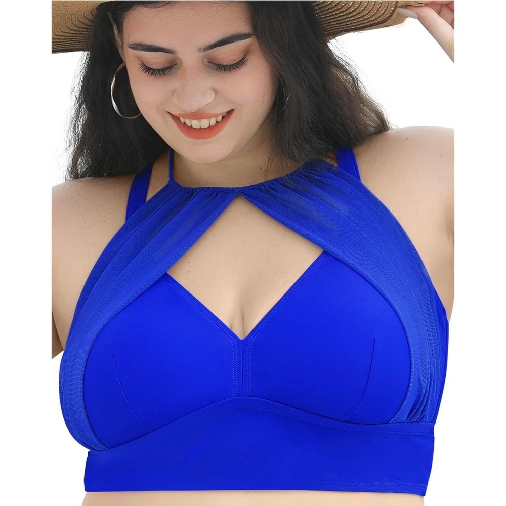NIB Women‎ Plus Size Royal Blue Mesh Halter Bikini Top Push Up Swim Top 5X 2026